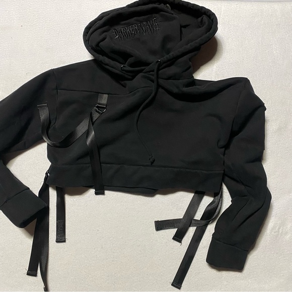 Darker Wavs Black Cropped Hoodie Small Blackwith Strap Details - Picture 1 of 9